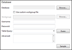 Microsoft Access integration database configuration screen