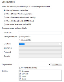 Microsoft Dynamics CRM integration configuration screen